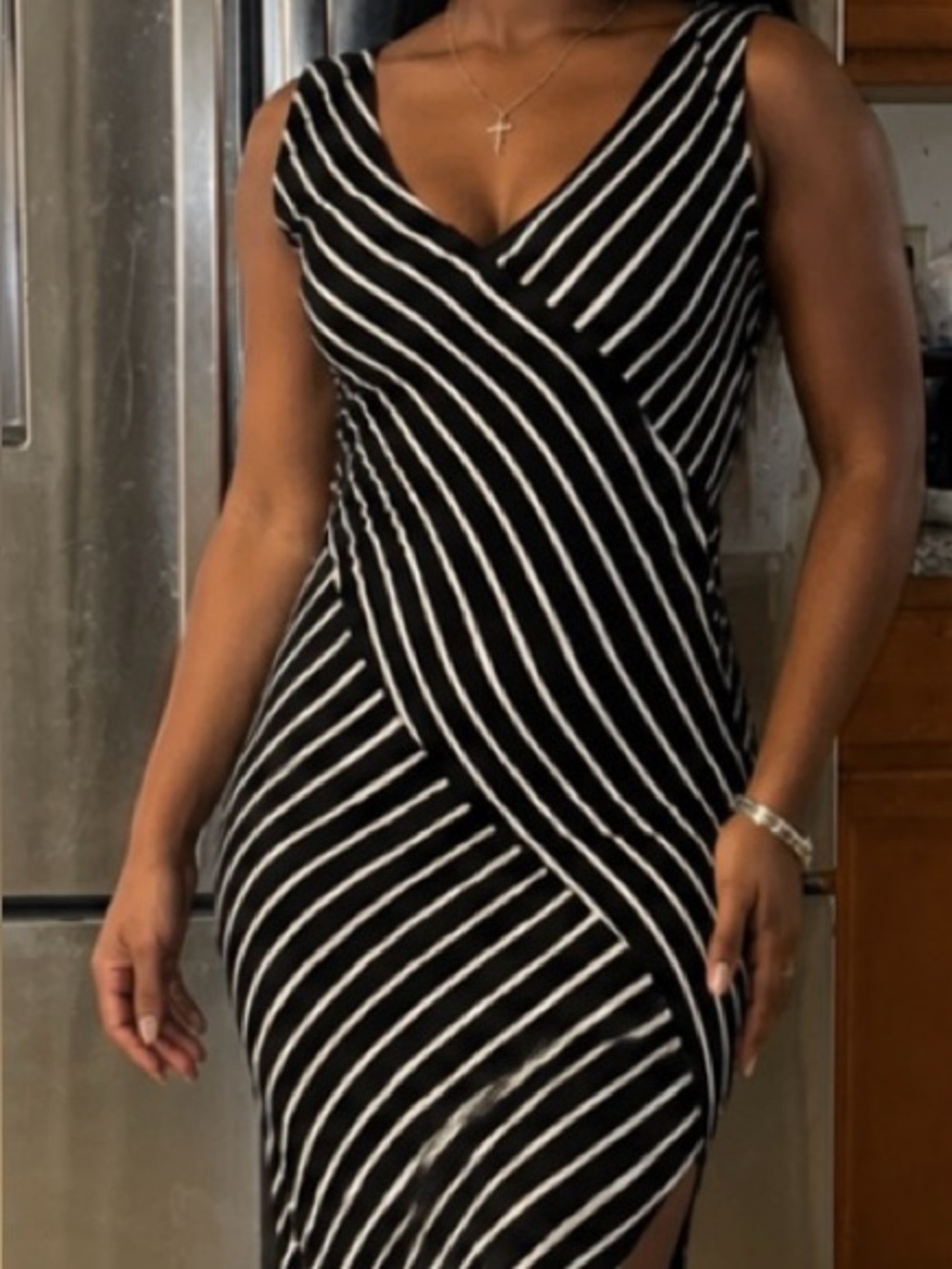 Nina Leonard Black and White Diagonal Stripe Wrap Midi Dress